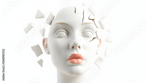 3d render illustration: ceramic female head cracks and breaks into fragments. Pastel colors. Modern trendy design isolated with white shades, png