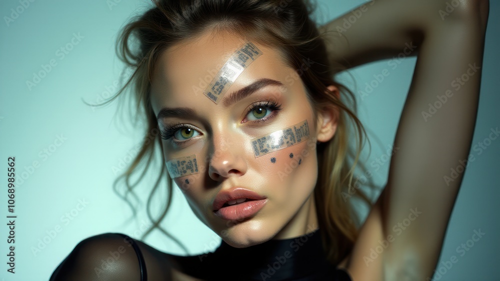 Artistic dot makeup design under eyes, creating a bold and expressive look for fashion editorials. Perfect for unique portrait photography. Artistic dot makeup design under eyes, creating a bold and expressive look for fashion editorials. Perfect for unique portrait photography.