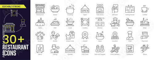 Restaurant Stroke icon collections. Containing restaurant, cooking, eating, fast, chef, coffee, sFast Food, Salt And Pepper, Food Delivery, and Cafeteria icons. Editable Stroke icon collection Outline