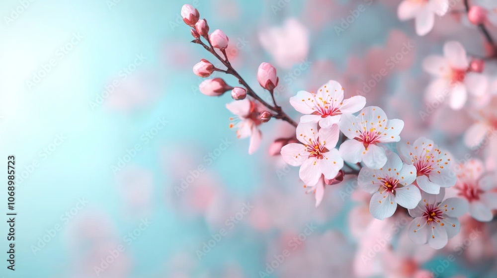 Delicate pink cherry blossoms blooming on a branch against a soft blue background. Delicate pink cherry blossoms blooming on a branch against a soft blue background.