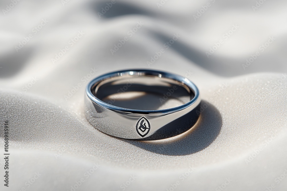 A tiny hand-stamped ring with a discreet symbol, lying on a smooth, white background to emphasize minimalism A tiny hand-stamped ring with a discreet symbol, lying on a smooth, white background to emphasize minimalism