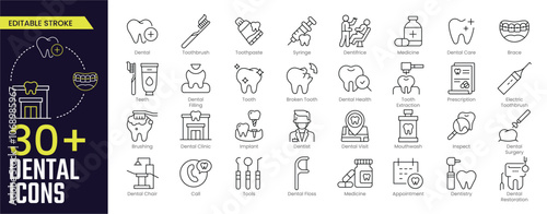 Dental Stroke icon collections. Containing Toothpaste, Dental Care, Brace, Dental Surgery, Dental Chair, Clinic, Appointment, Dentist, and More icons. Editable Stroke icon collection Outline icon