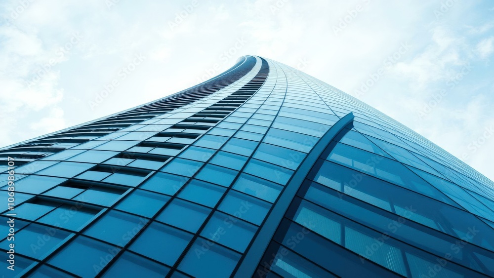 Modern Skyscraper Architecture: Blue Glass Building against Clear Sky, Perfect for Urban Design and Real Estate Marketing
