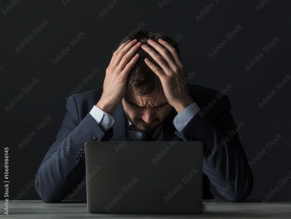 The professional closes the laptop. Hands on head. Frustration in the silent office The professional closes the laptop. Hands on head. Frustration in the silent office