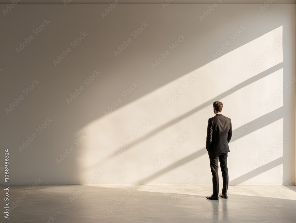The businessperson stands alone. Hands in pockets. Dim light flows through the window The businessperson stands alone. Hands in pockets. Dim light flows through the window
