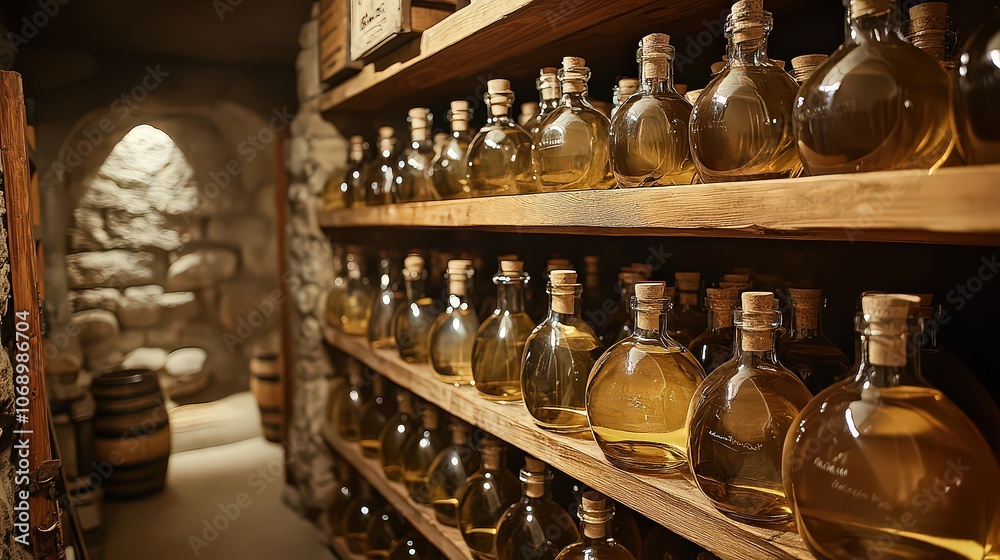 Basement storage room with glass demijohns of freshly distilled rakija aging for complex flavors; bottles labeled with dates, reflecting tradition and precise timing in rakija-making. Basement storage room with glass demijohns of freshly distilled rakija aging for complex flavors; bottles labeled with dates, reflecting tradition and precise timing in rakija-making.