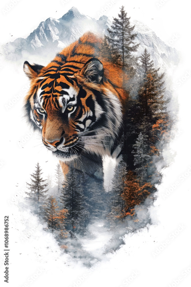Obraz premium A majestic tiger prowls through a misty forest, surrounded by towering trees and distant mountains at dusk. Generative AI