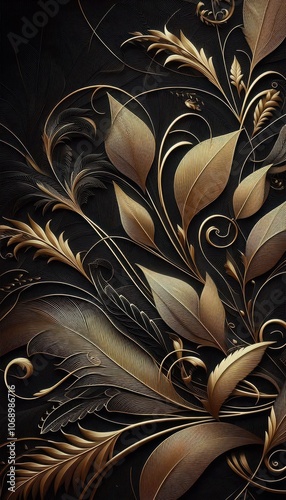 Black wallpaper with gold leaf design