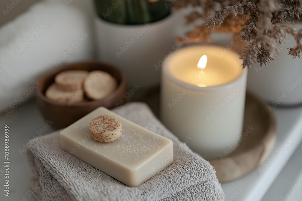 Serene Spa Setting: Soap, Candle, and Towel