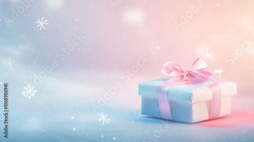A single beautifully wrapped Christmas gift with a ribbon, placed on the right side of a warm pastel background, with delicate snowflakes falling. Open space for text on the left.