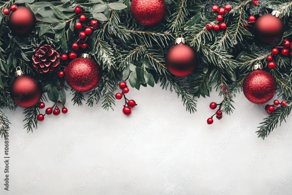 Red balls decoration on green Christmas tree on white snowy background. Winter template, border concept for Christmas, New Year and sale season. Web card and backdrop with space for text