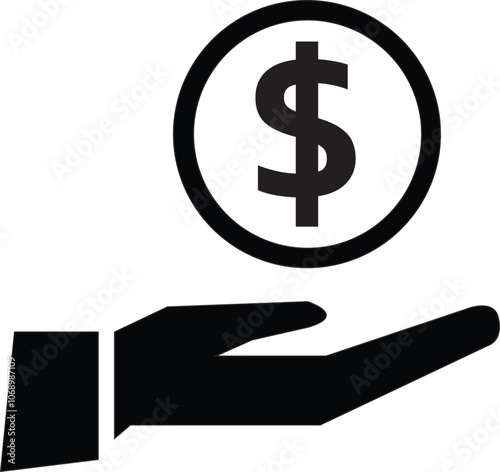 Hand holding a dollar coin line icon. Save money, salary, finance, cash concept. Logo symbol for web and mobile isolated on white background. 