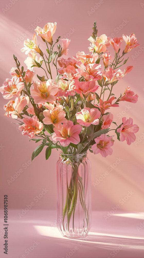 A bouquet of pink and peach flowers arranged against a soft pastel wall. Simple, elegant, and eye-catching, perfect for romantic or floral-themed designs.