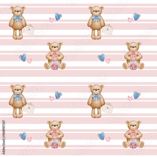 Seamless pattern with watercolor teddy bears with bow tie, love letter, glass jar full of heart shaped candies, little hearts on striped background. Perfect for textile, fabric, wallpaper, backdrop