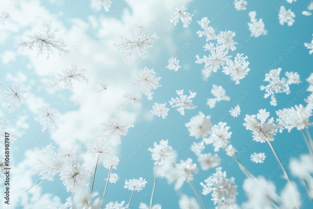 Fond bleu ciel avec de gros flocons de neige flottant doucement.. Fond bleu ciel avec de gros flocons de neige flottant doucement..