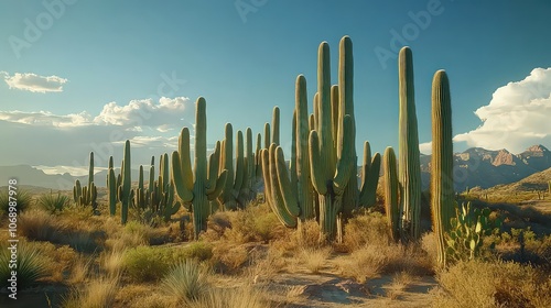  Vast desert landscape with tall green cacti standing under blue sky, capturing the essence of the arid environment and iconic Southwestern scenery.