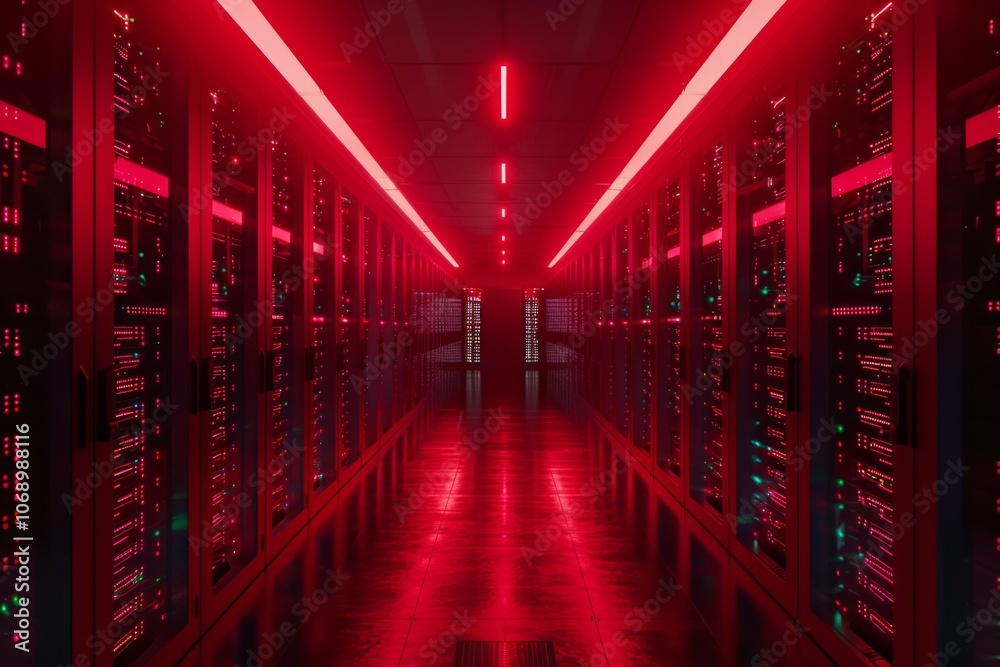 Shot of Data Center With Multiple Rows of Fully Operational Server Racks. Neural network ai generated art Shot of Data Center With Multiple Rows of Fully Operational Server Racks. Neural network ai generated art