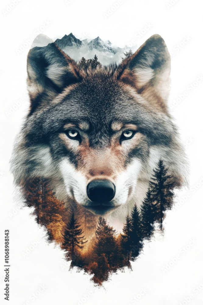 Fototapeta premium A stunning double exposure of a wolf's face with trees and mountains, celebrating nature's beauty and wildlife. GenerativeAI