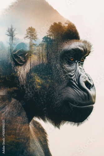 A majestic gorilla silhouette with a serene forest landscape captured through double exposure technique. Generative AI photo