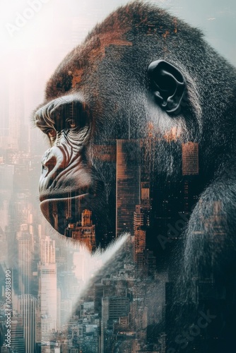 A majestic gorilla profile with a vibrant cityscape overlay, exploring the connection between nature and urban life. Generative AI photo