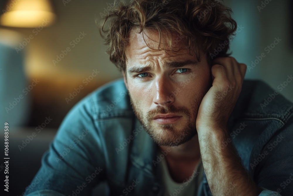 A contemplative young man with curly hair, resting his hand on his face, appearing thoughtful. A contemplative young man with curly hair, resting his hand on his face, appearing thoughtful.