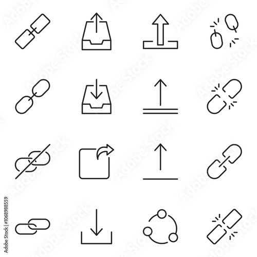 Share button line icon set. Link, broken hyperlink, download, publish, attach chain minimal vector illustrations. Simple outline signs for web application url.
