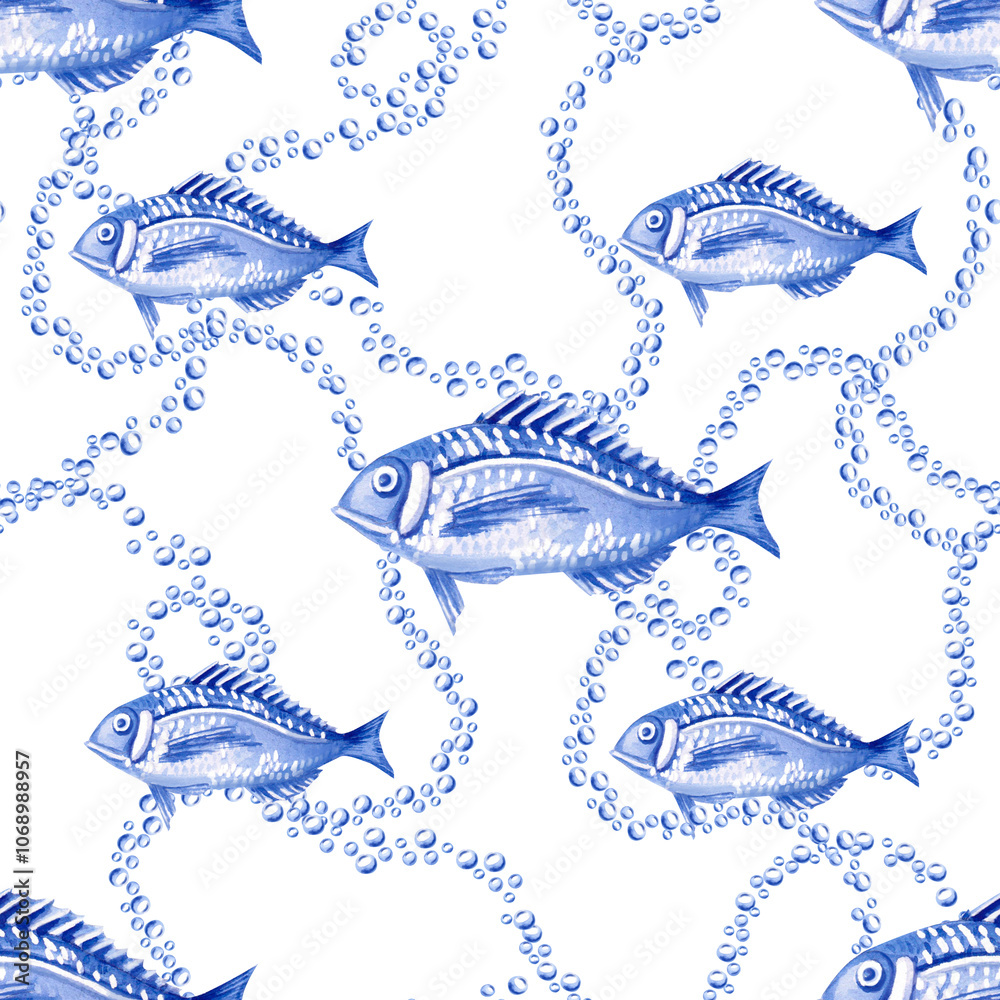 Seamless pattern with blue fish and air bubbles. Watercolor illustration on a marine theme for fabric design, decoration of holidays with a marine theme, printing of seafood restaurants Seamless pattern with blue fish and air bubbles. Watercolor illustration on a marine theme for fabric design, decoration of holidays with a marine theme, printing of seafood restaurants