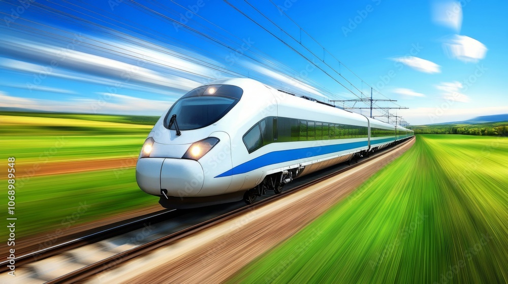Fototapeta premium High-Speed Train in Motion through Scenic Landscape