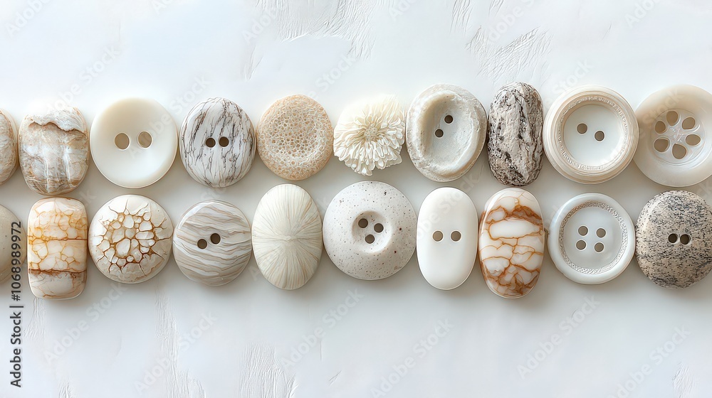 Assorted buttons in neutral tones like cream, beige, and gray on white background; varied textures and sizes create harmonious, visually appealing composition. Assorted buttons in neutral tones like cream, beige, and gray on white background; varied textures and sizes create harmonious, visually appealing composition.