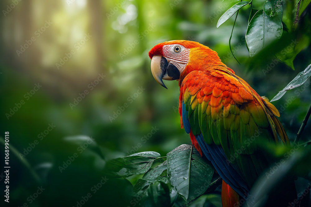 Fototapeta premium A colorful scarlet macaw perches amidst lush green foliage in a vibrant tropical rainforest.