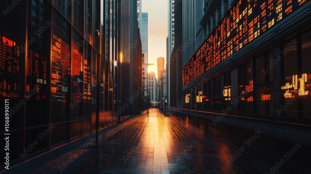 Fototapeta premium A city street with tall buildings and neon signs.