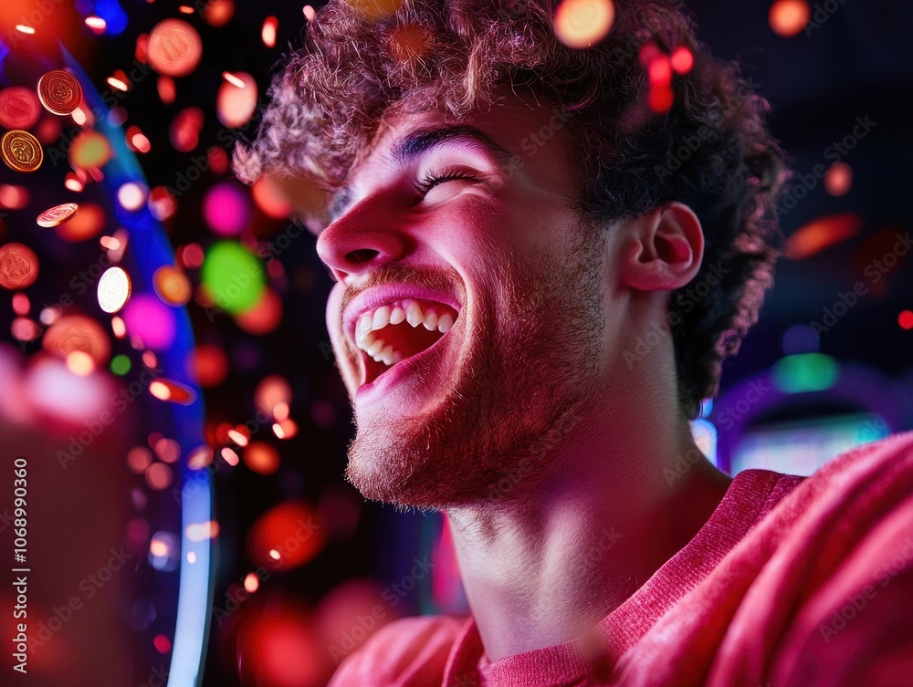 The player cheers with joy. Coins cascade down. Bright lights fill the casino The player cheers with joy. Coins cascade down. Bright lights fill the casino