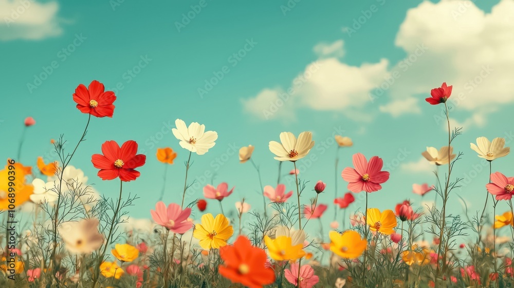 A vibrant field of colorful flowers under a bright blue sky, creating a cheerful and picturesque landscape. A vibrant field of colorful flowers under a bright blue sky, creating a cheerful and picturesque landscape.