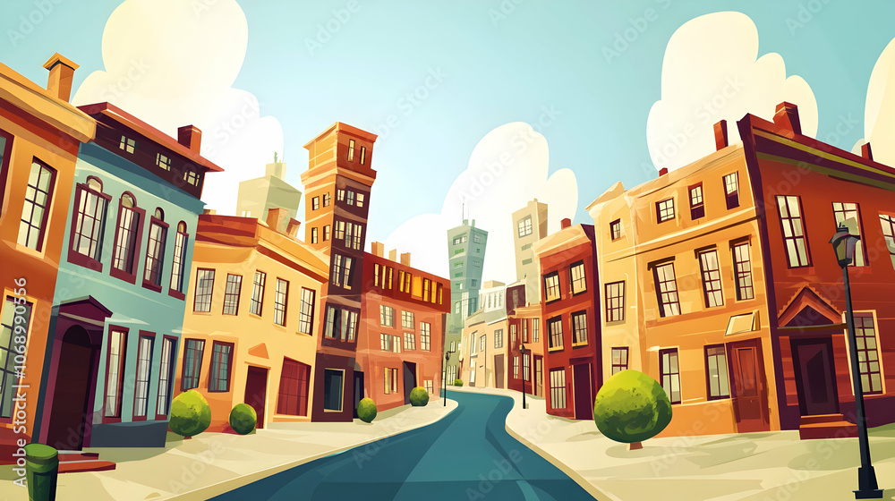 A cartoon illustration of a charming street in a city with colorful buildings and a winding road. A cartoon illustration of a charming street in a city with colorful buildings and a winding road.