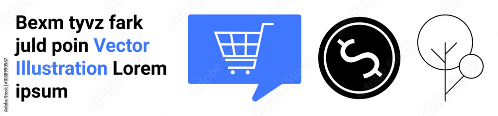 Shopping cart in blue chat bubble, currency symbol in black circle, minimalist line art of a tree. Ideal for e-commerce, finance, nature, business, communication, modern design, visual identity Shopping cart in blue chat bubble, currency symbol in black circle, minimalist line art of a tree. Ideal for e-commerce, finance, nature, business, communication, modern design, visual identity
