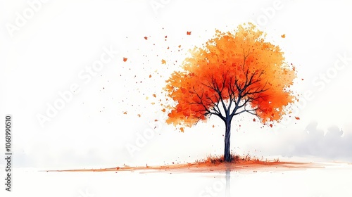  Artistic depiction of orange tree in autumn with vibrant leaves falling, symbolizing change, beauty, and warmth of fall in minimalist watercolor style. photo