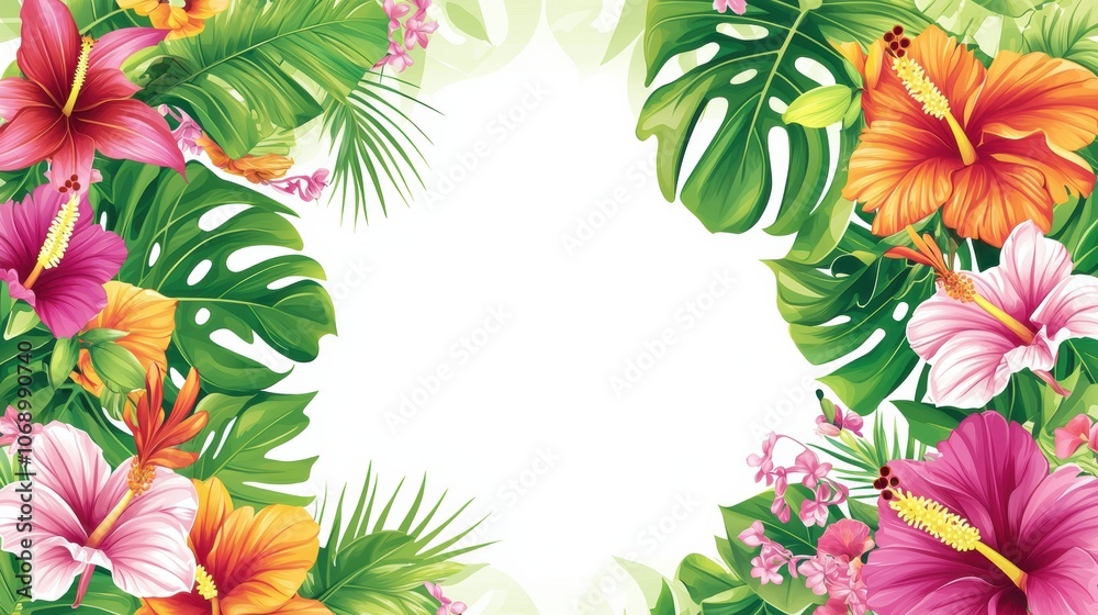 Tropical floral frame with vibrant hibiscus and lush leaves Tropical floral frame with vibrant hibiscus and lush leaves