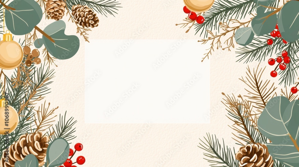 White rectangle surrounded by festive evergreen branches and ornaments White rectangle surrounded by festive evergreen branches and ornaments