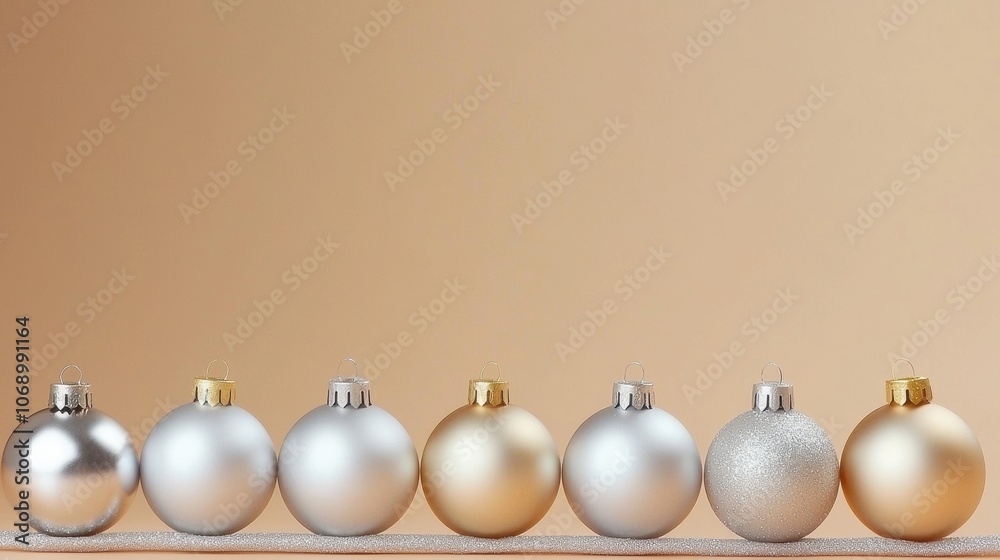 Silver and gold Christmas ornaments in a row Silver and gold Christmas ornaments in a row