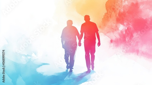 Caregiver assisting elderly man in walking therapy, bright watercolor hues enhancing the sense of progress and connection