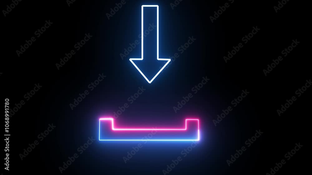 Neon upload arrow icon animation. Download arrow icon animated black background