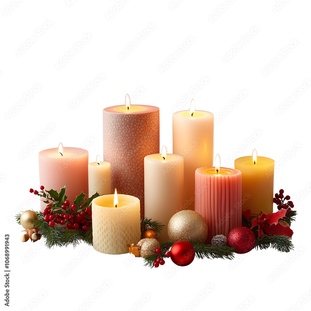 Warm Christmas glow: Lit candles, ornaments, and festive greenery create a cozy, magical holiday scene.