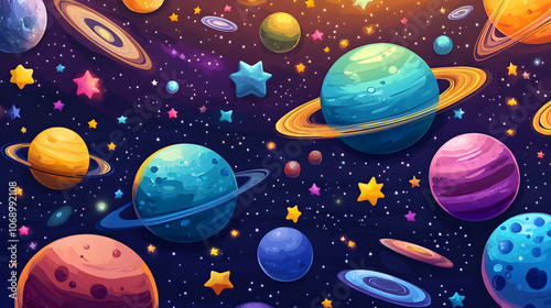 A vibrant illustration of a starry night sky with planets and stars of various sizes and colors.