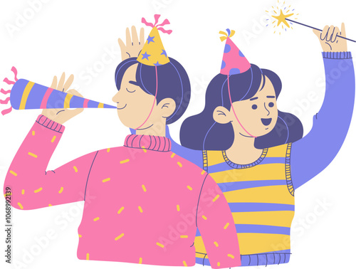 hand drawing illustration People celebrating New Year’s with party hats and a sparkler