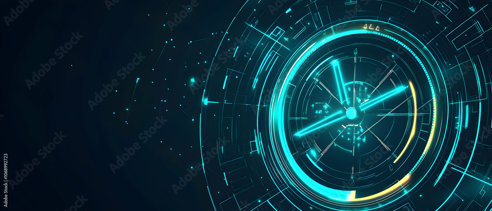 Abstract blue and yellow digital technology HUD interface on a dark background.