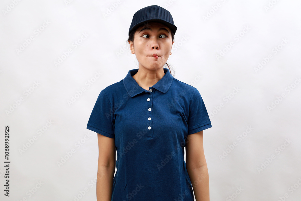 Young hispanic woman courier wearing delivery uniform and cap making fish face with lips, crazy and comical gesture. funny expression. Young hispanic woman courier wearing delivery uniform and cap making fish face with lips, crazy and comical gesture. funny expression.