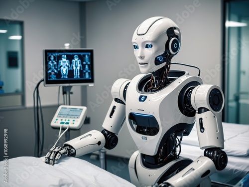 Humanoid Robot Assisting Doctors in a High-Tech Hospital Setting photo