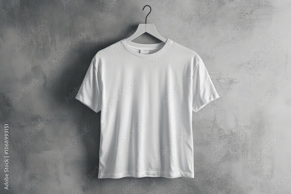 Plain white t shirt hanging on a hanger against a grey background. 