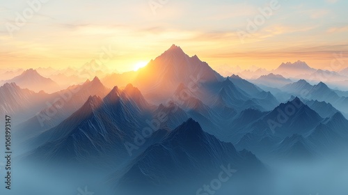 Breathtaking sunrise illuminates majestic mountain peaks amidst serene landscape beauty