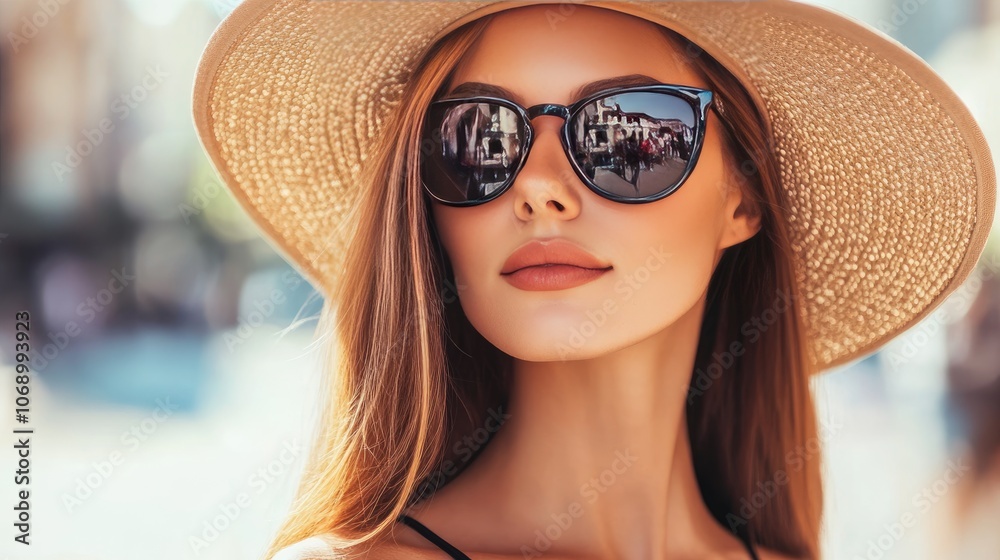 ** Stylish Woman in Sun Hat and Sunglasses Enjoying a Sunny Day Outdoors ** Stylish Woman in Sun Hat and Sunglasses Enjoying a Sunny Day Outdoors